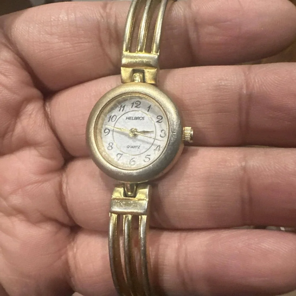 Working Helbros 22mm Women Watch Gold Steel Bracelet White Quartz Fit‎ 7in